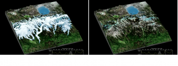 Figure SEQ Figure \* ARABIC 3 Computer simulation of glacier extent in and around Yosemite National Park, 20,000 years ago (left); and 15,000 years ago (right). (Kessler et al. 2006)
